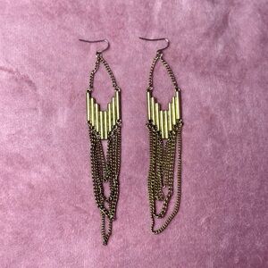 Vintage Gold Tone Chain Fringe Chandelier Earrings Boho Festival